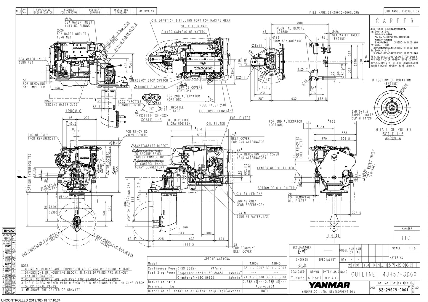 Catamaran YANMAR propulsion 2x4JH57 + 2xSD60-5 Ratio 2.23