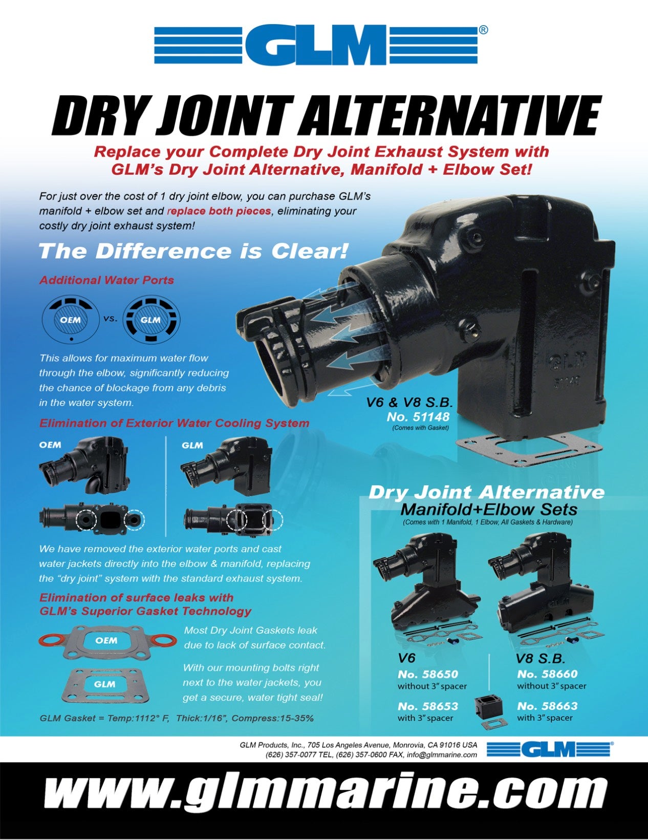 Mercruiser V6-4.3L/ V8-5.0, 5.7, 6.2L Alternatyva pakeisti Dry Joint Išmetimo kolektoriaus alkūnė 14° GLM 51148