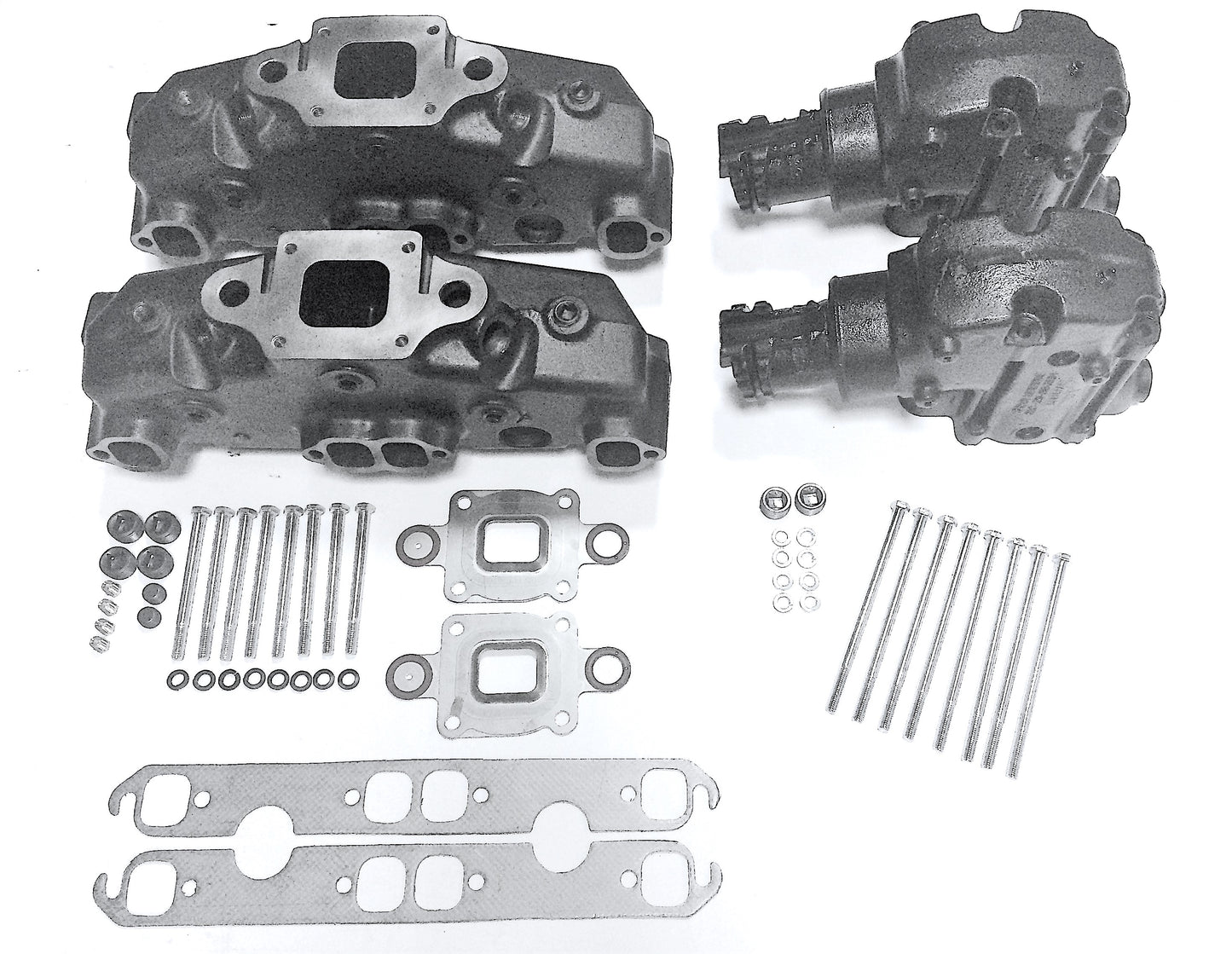 Mercruiser V8-5.0, 5.7, 6.2L Dry Joint Exhaust manifolds + elbows 14°, full set 865735A03 + 864591T02 x 2