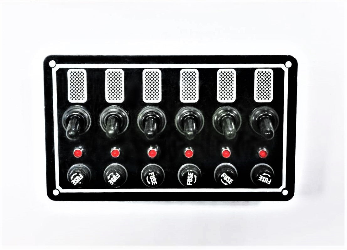 Панель переключателей из алюминия 170x100mm; 12V / 5A Стеклянные предохранители